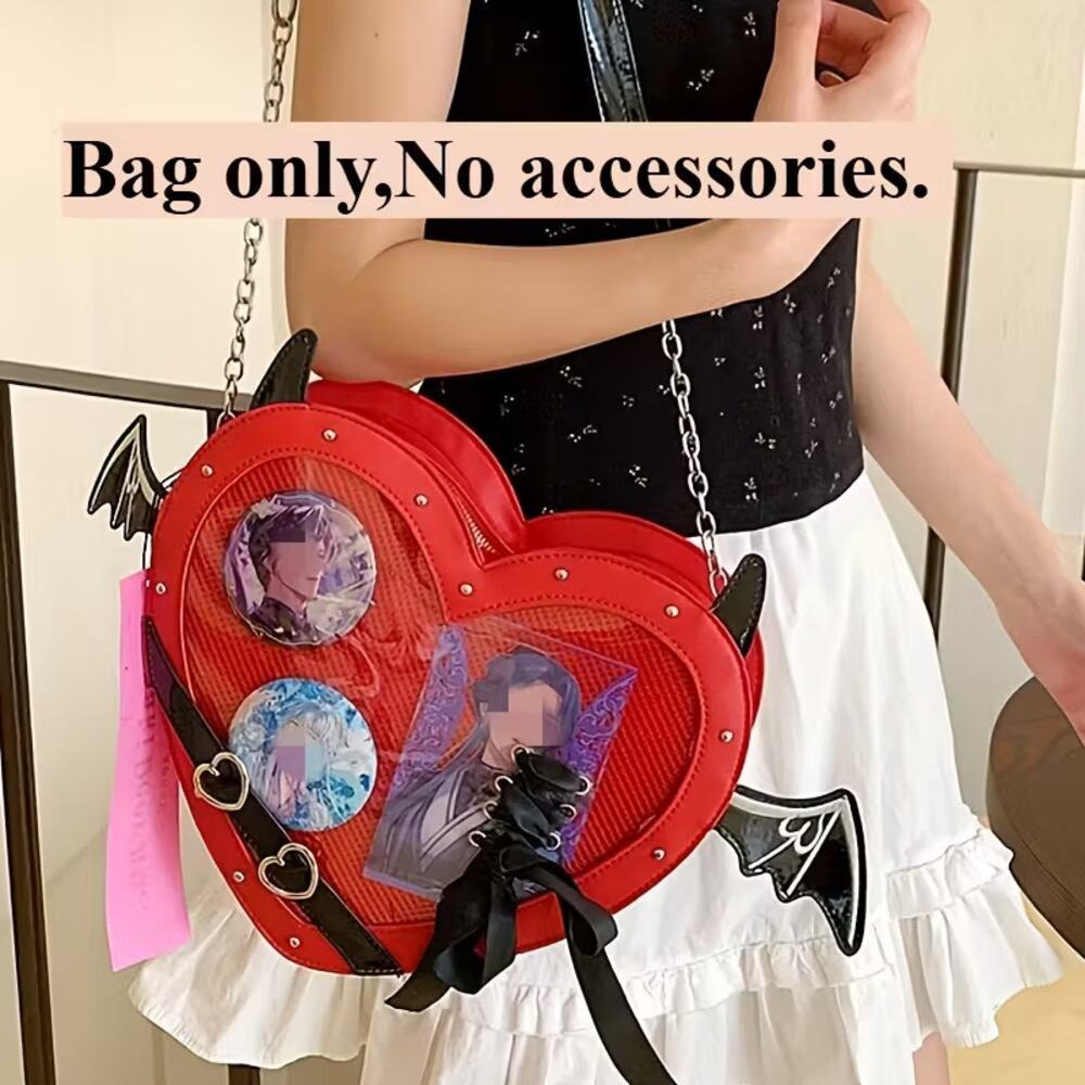 Gothic Heart Ita Bag with Bat Wings Red PU Leather - RED